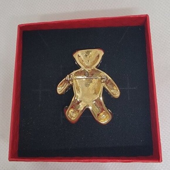 Vintage Teddy Bear Brooch Rhinestone Gold Tone Dangle Heart Bow Fashion Jewelry - Picture 4 of 7